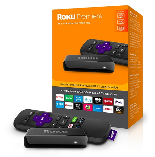  Roku Premiere  HD/4K/HDR Streaming Media Player, Simple Remote  and Premium HDMI Cable, Black : Electronics