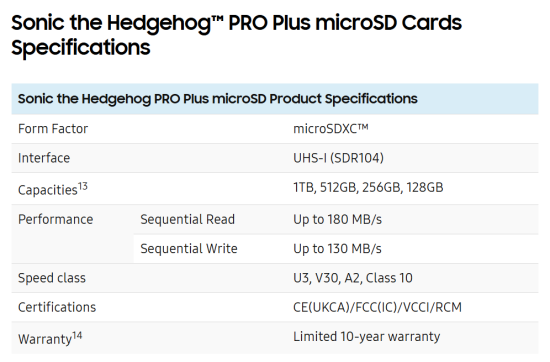 Samsung sonic pro plus microsd cards specs